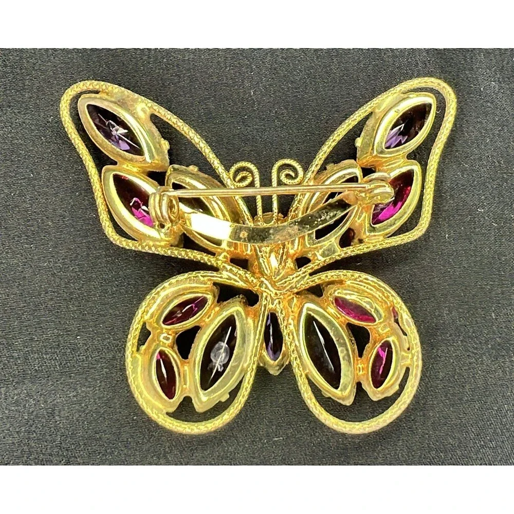 Vintage Purple & Fuchsia Rhinestone Butterfly Brooch Gold Tone Pin